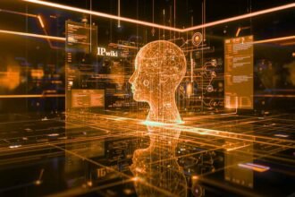 Futuristic visualization of Artificial Intelligence, Machine Learning, and Deep Learning Neural Networks processing data for an AI Wiki.