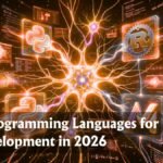 A futuristic digital representation of the best languages for AI including Python, Rust, and Mojo