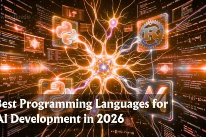 A futuristic digital representation of the best languages for AI including Python, Rust, and Mojo