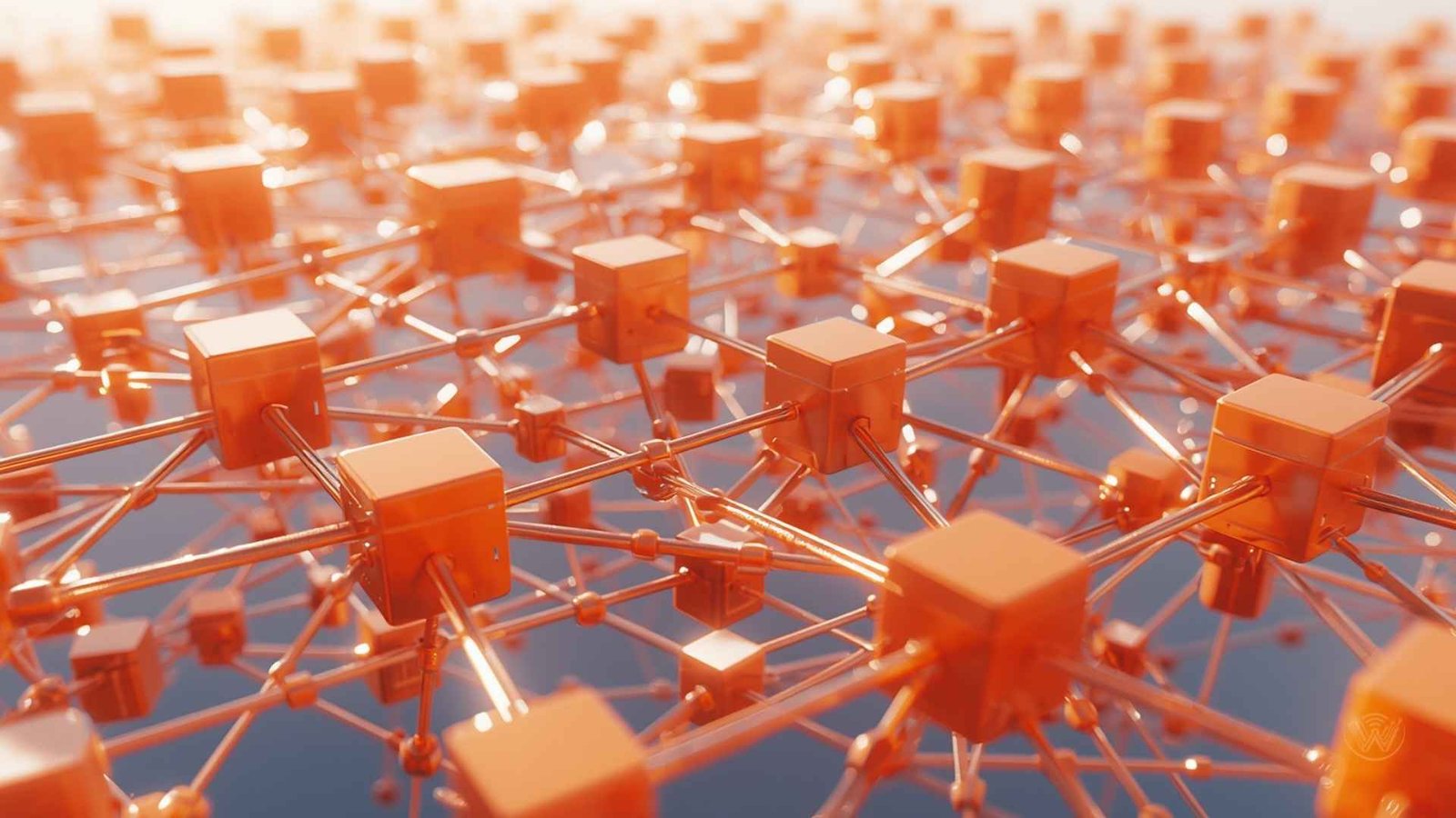 Glowing digital nodes representing Blockchain technology, Web3 networks, Cryptocurrency, Smart Contracts, and Decentralized Finance.