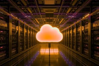 Modern server room illustrating Cloud Computing, Big Data, Data Engineering, and Cloud Architecture for AWS and Azure.