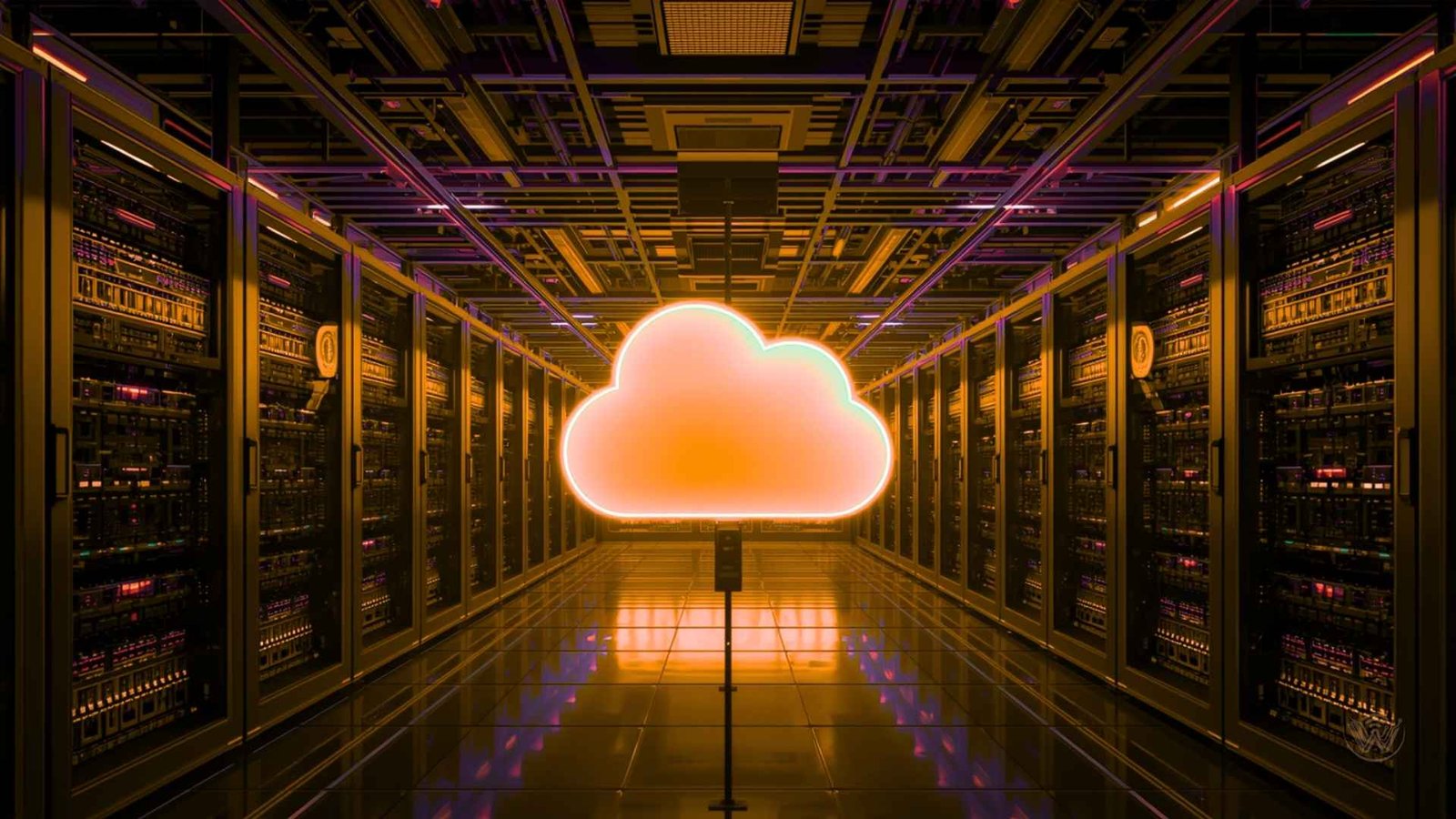 Modern server room illustrating Cloud Computing, Big Data, Data Engineering, and Cloud Architecture for AWS and Azure.
