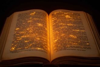 Open encyclopedia book merging with digital holographic text representing a Tech Dictionary, IT Glossary, Computer Terms, Tech Jargon, and Definition of Tech.