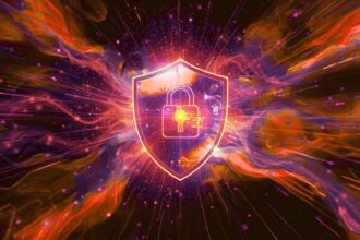 Digital glowing shield representing Cybersecurity, Information Security, and Network Security defending against Cyber Threats.