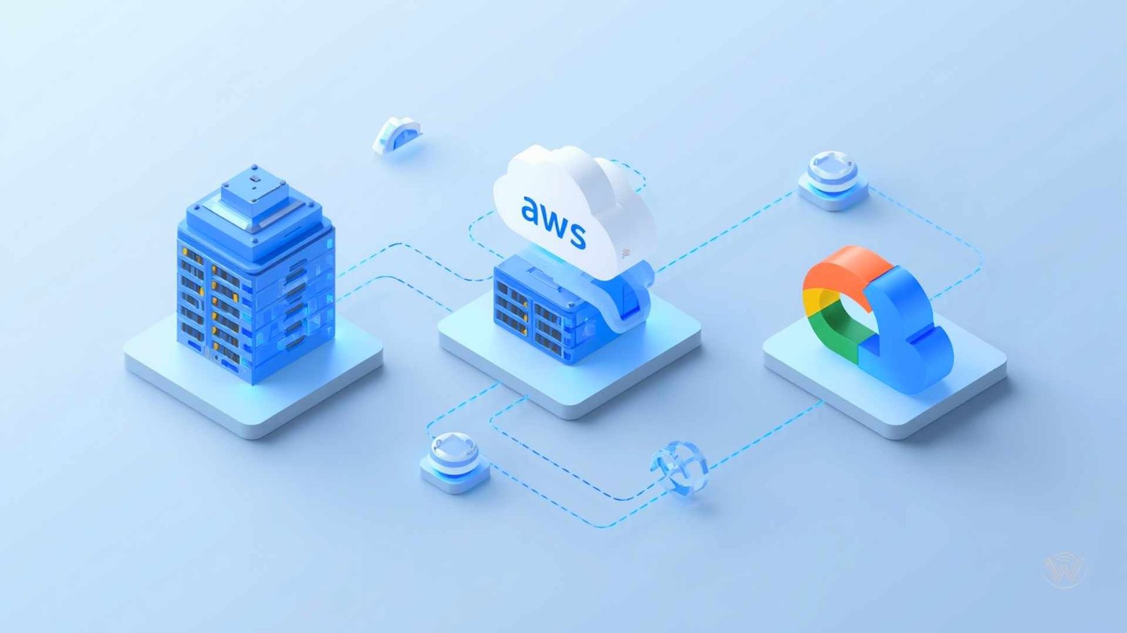 Isometric graphic comparing AWS vs Azure and Google Cloud Platform for cloud hosting, serverless architecture, and cloud migration.