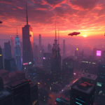 Vibrant AI-generated illustration of a futuristic city with flying cars and sunset hues, representing generative AI creativity