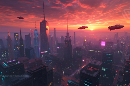 Vibrant AI-generated illustration of a futuristic city with flying cars and sunset hues, representing generative AI creativity