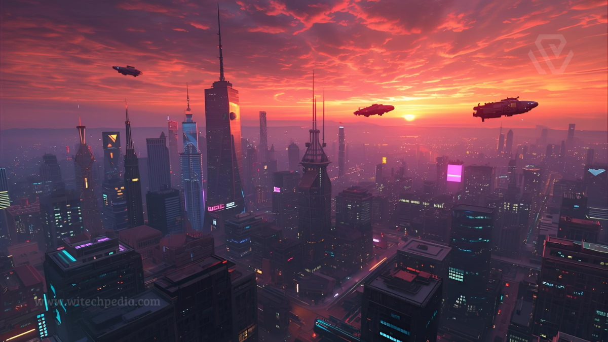 Vibrant AI-generated illustration of a futuristic city with flying cars and sunset hues, representing generative AI creativity