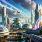 A conceptual illustration of a high-tech futuristic cityscape with integrated AI elements, neural networks, and advanced tech structures under a dynamic sky, representing future trends in machine learning and deep learning.