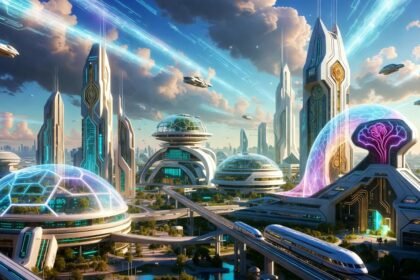A conceptual illustration of a high-tech futuristic cityscape with integrated AI elements, neural networks, and advanced tech structures under a dynamic sky, representing future trends in machine learning and deep learning.