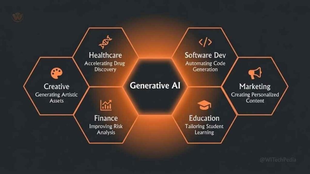 Infographic showing generative AI applications in healthcare, software development, marketing, education, finance, and creative industries