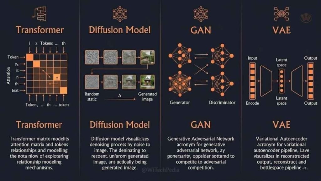 Comparison infographic of four generative AI architectures: Transformer, Diffusion Model, GAN, and VAE