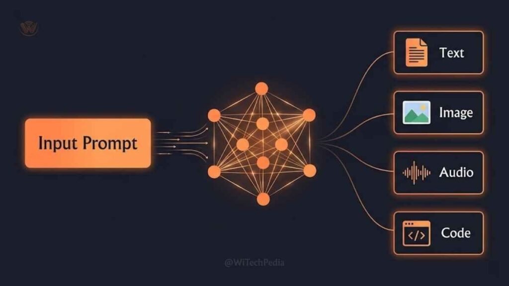 Generative AI explainer diagram showing input prompts transforming into text, images, audio, and code outputs