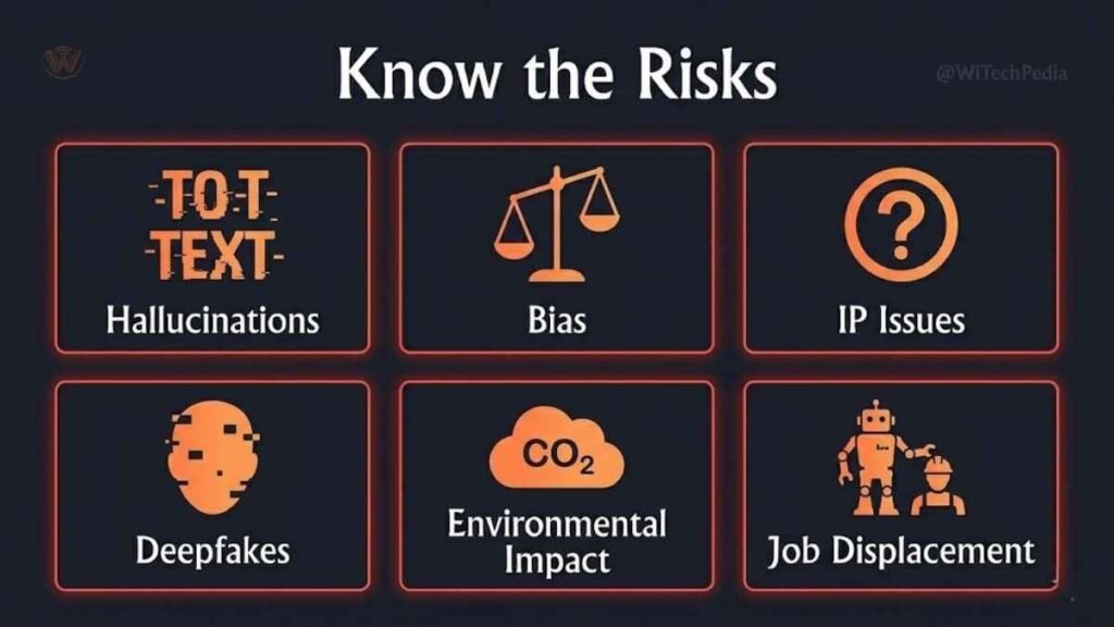 Warning-style infographic listing generative AI risks including hallucinations, deepfakes, bias, copyright concerns, and environmental impact