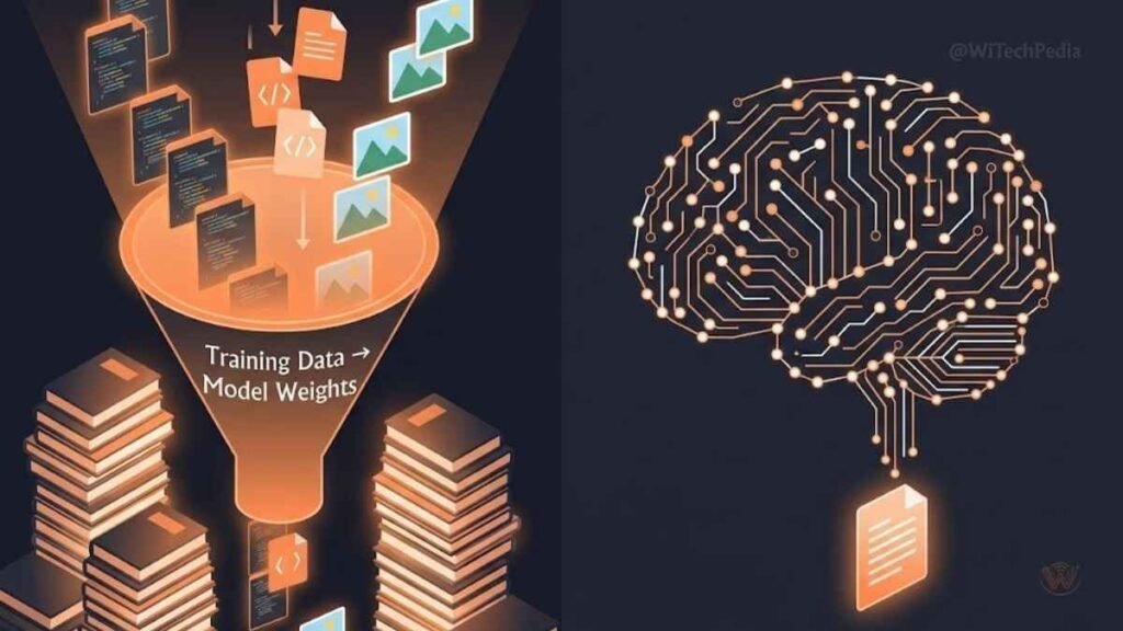 Visual analogy of generative AI training process — books feeding into a neural brain network