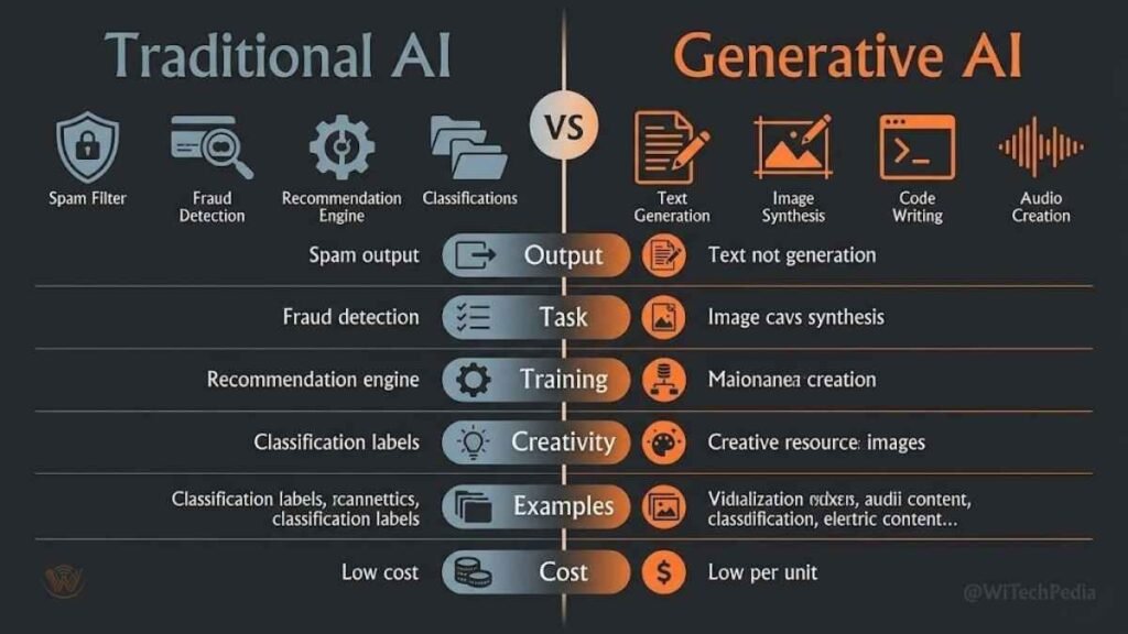 Infographic comparing generative AI and traditional AI across creativity, output type, training method, and use cases
