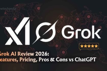 Grok AI Review 2026 banner by witechpedia comparing features, pricing, pros and cons versus ChatGPT.