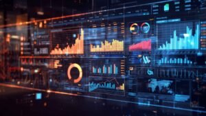 Glowing digital dashboard showing Data Analytics, Business Intelligence, and Data Visualization using SQL and Big Data Tools.