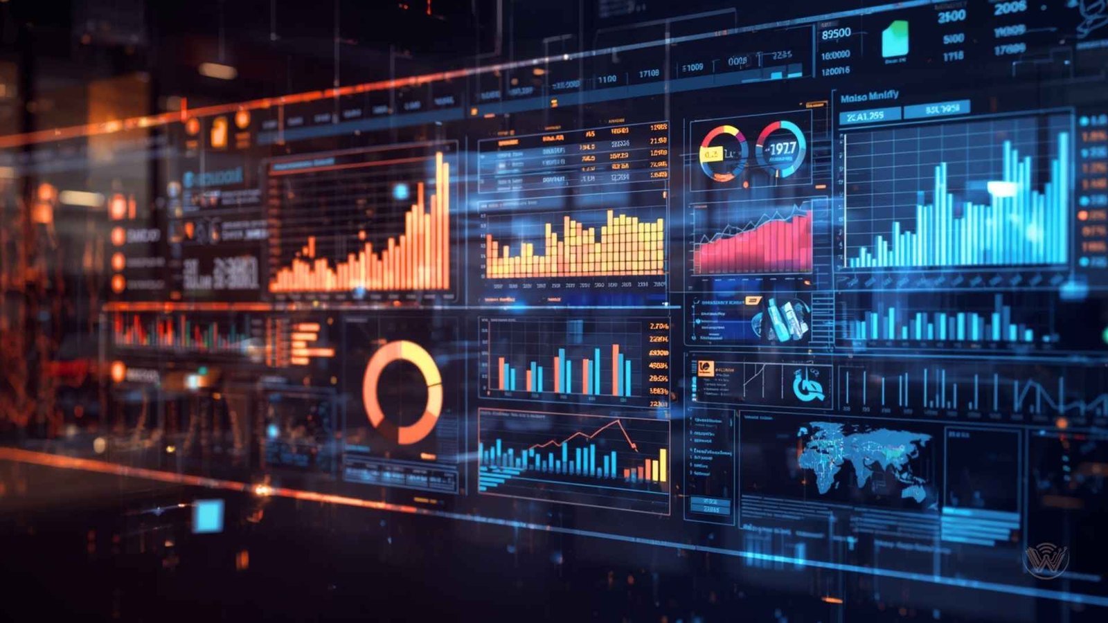 Glowing digital dashboard showing Data Analytics, Business Intelligence, and Data Visualization using SQL and Big Data Tools.