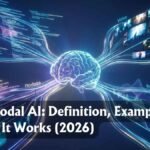 Abstract futuristic representation of Multimodal AI processing text, image, and audio data.