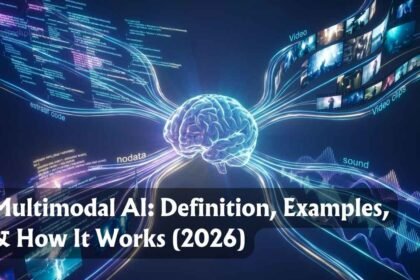 Abstract futuristic representation of Multimodal AI processing text, image, and audio data.