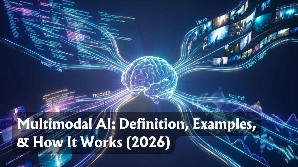 Abstract futuristic representation of Multimodal AI processing text, image, and audio data.