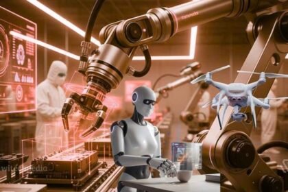 A comprehensive visualization of Physical AI in action, featuring an autonomous humanoid robot, industrial robotic arms, and a delivery drone in a smart factory environment with digital HUD overlays.