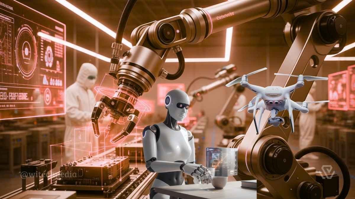 A comprehensive visualization of Physical AI in action, featuring an autonomous humanoid robot, industrial robotic arms, and a delivery drone in a smart factory environment with digital HUD overlays.