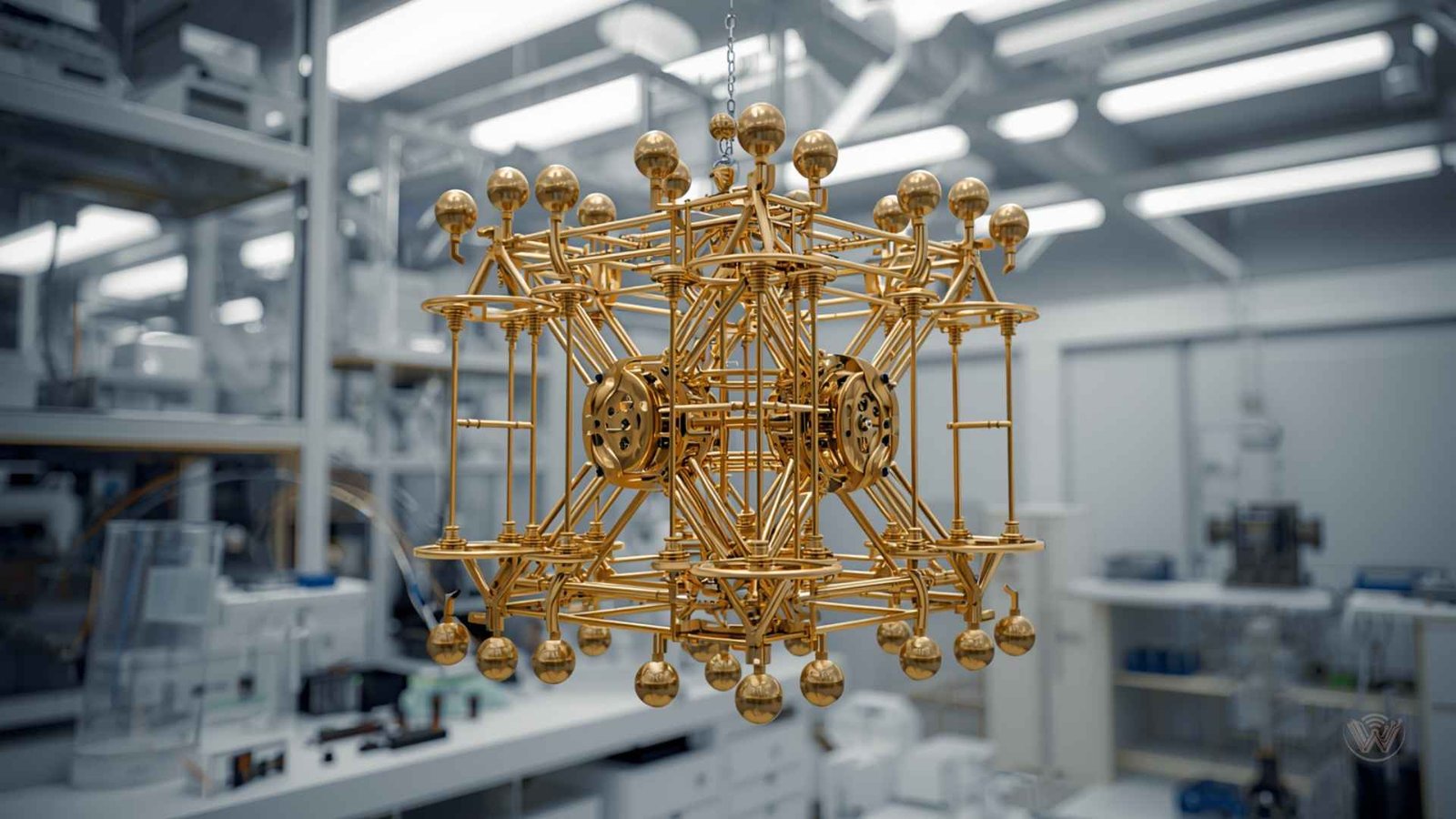 Futuristic golden chandelier core of a quantum processor illustrating Quantum Computing, Qubits, Quantum Supremacy, and Quantum Algorithms.