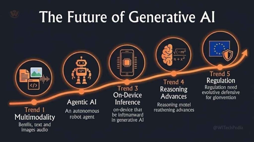 Forward-looking illustration of generative AI future trends including multimodality, agentic AI, on-device inference, and advanced reasoning