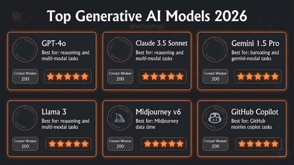 Comparison card layout of top generative AI models including GPT-4o, Claude 3.5 Sonnet, Gemini 1.5 Pro, and Llama 3