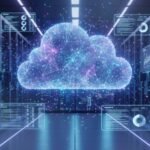 A futuristic data center showing top cloud trends for data management in 2026 with AI-integrated infrastructure and digital mesh networks.