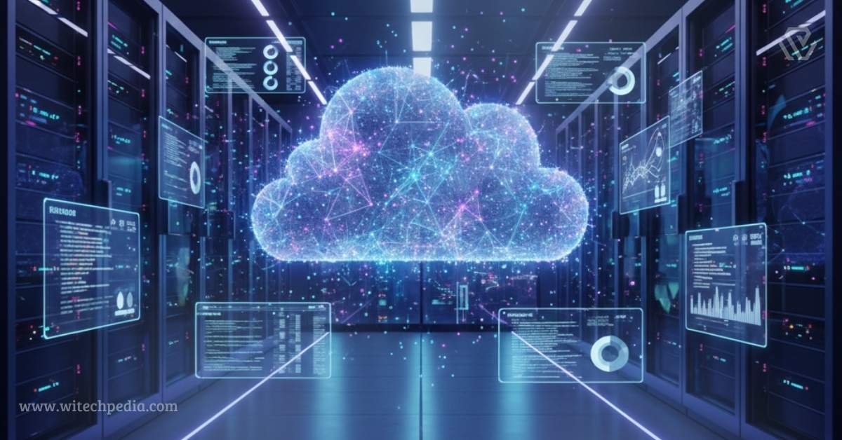 A futuristic data center showing top cloud trends for data management in 2026 with AI-integrated infrastructure and digital mesh networks.