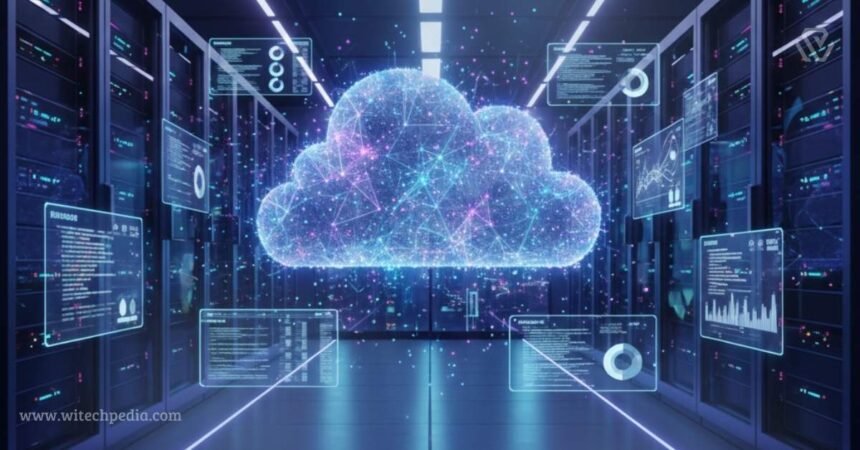 A Futuristic Data Center Showing Top Cloud Trends For Data Management In 2026 With Ai-Integrated Infrastructure And Digital Mesh Networks.