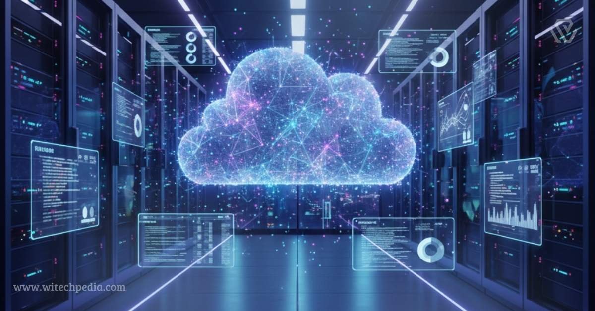A Futuristic Data Center Showing Top Cloud Trends For Data Management In 2026 With Ai-Integrated Infrastructure And Digital Mesh Networks.