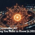 Generative AI concept showing neural network streams and glowing data nodes on dark background
