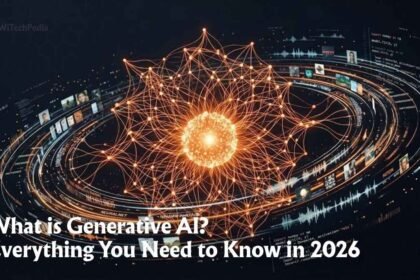 Generative AI concept showing neural network streams and glowing data nodes on dark background