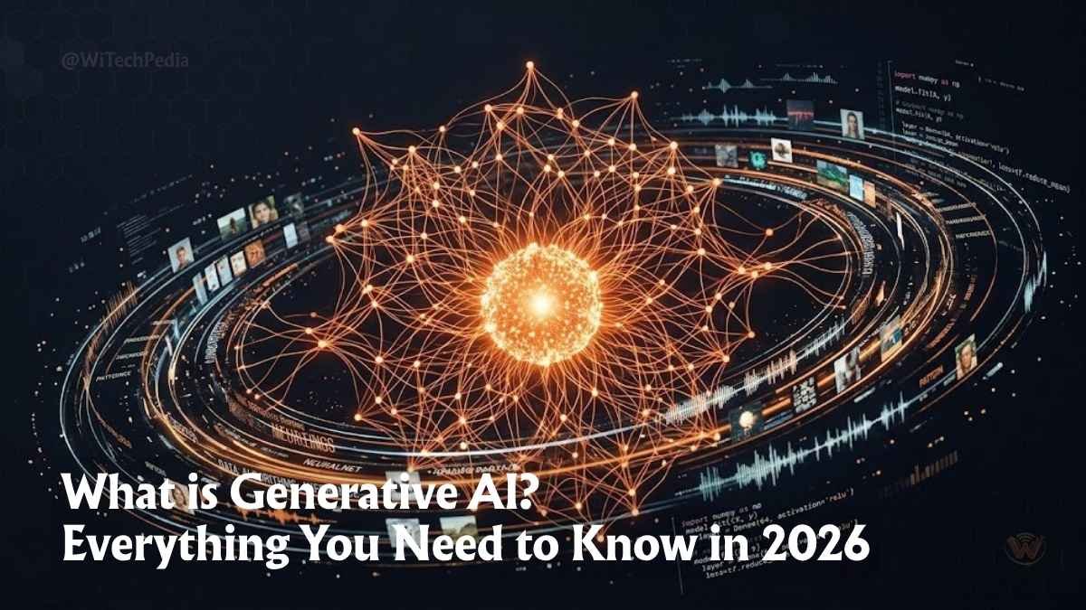 What is Generative AI concept showing neural network streams and glowing data nodes on dark background