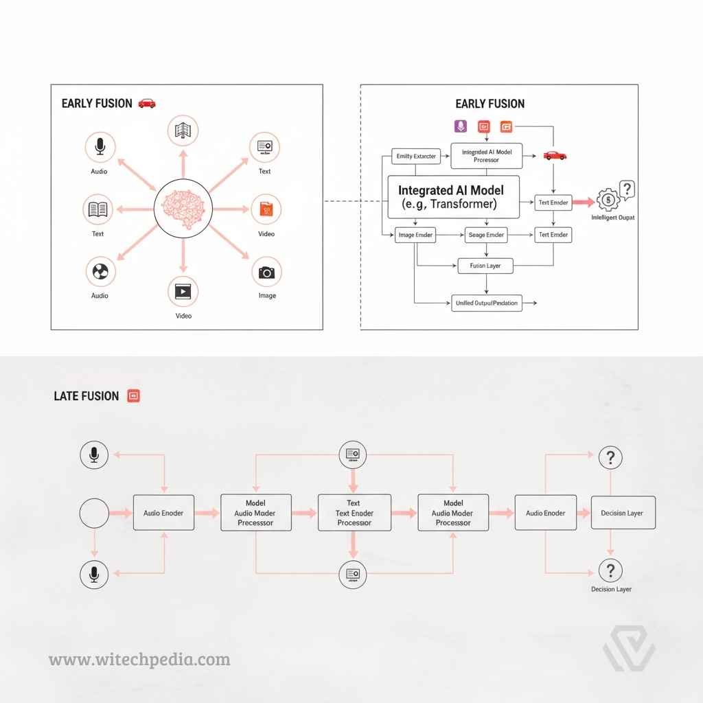 A Technical Flowchart Comparing Early Fusion Where Data Merges Before The Model, And Late Fusion Where Separate Models Merge At The Decision Layer.