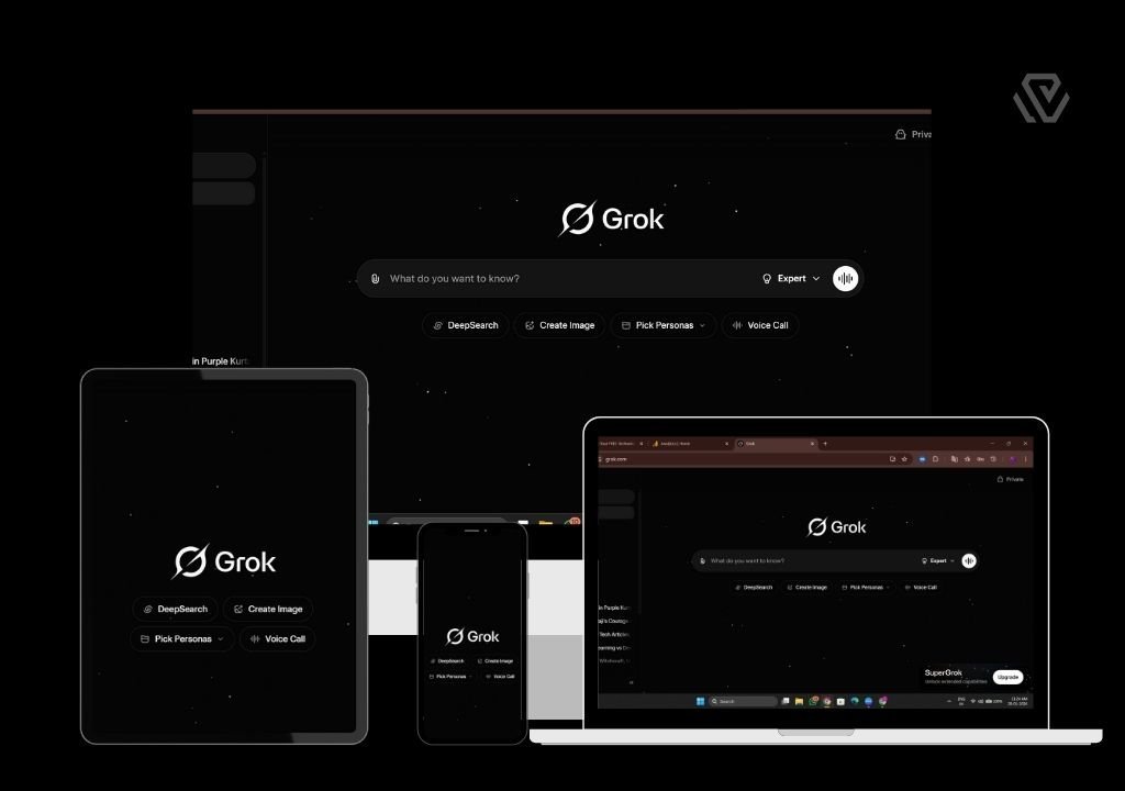 Side-by-side comparison of the Grok AI interface on a mobile smartphone screen, tablet screen, laptop screen and a desktop monitor.
