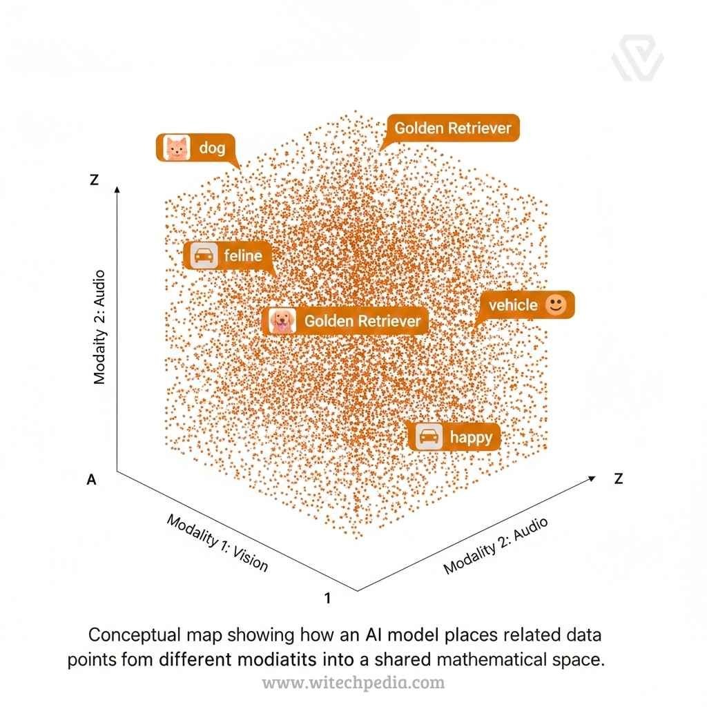 A 3D mathematical scatter plot showing different conceptual data points like "dog" and "Golden Retriever" clustered together.