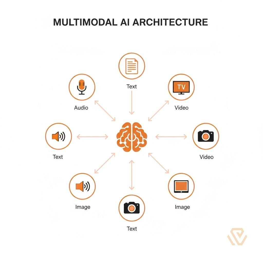 A central AI brain icon connected to multiple data input nodes including text, audio, image, and video.