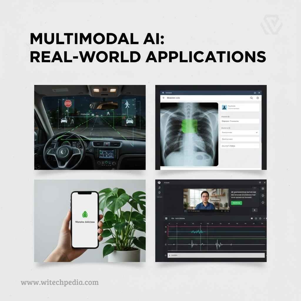 A four-panel collage showing AI in autonomous driving, medical X-ray analysis, plant identification on a smartphone, and video editing.