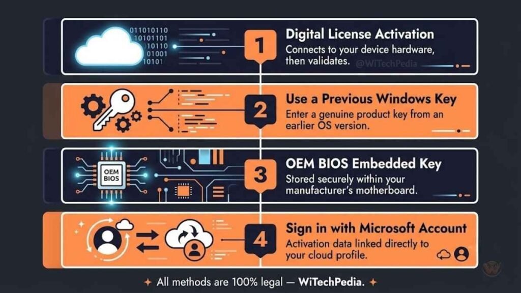 Infographic showing 4 free legal Windows 10 activation methods: digital license, old key, OEM BIOS, and Microsoft account