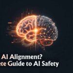 Conceptual illustration of AI alignment and safety showing a glowing human brain and artificial neural network converging.