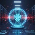 A futuristic digital shield protecting a server network from red AI Cybersecurity Threats in 2026
