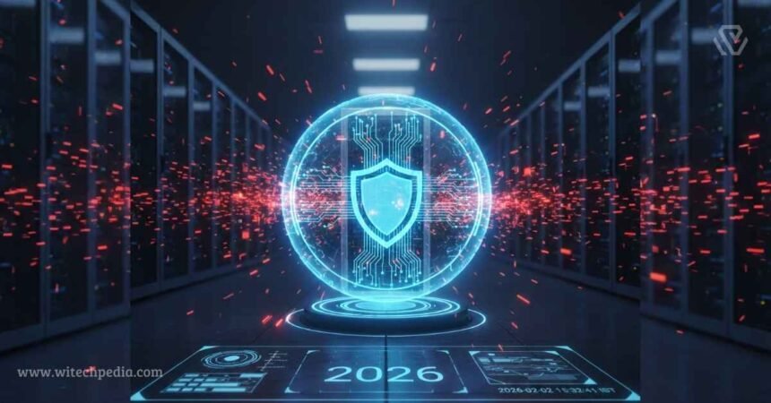 A Futuristic Digital Shield Protecting A Server Network From Red Ai Cybersecurity Threats In 2026
