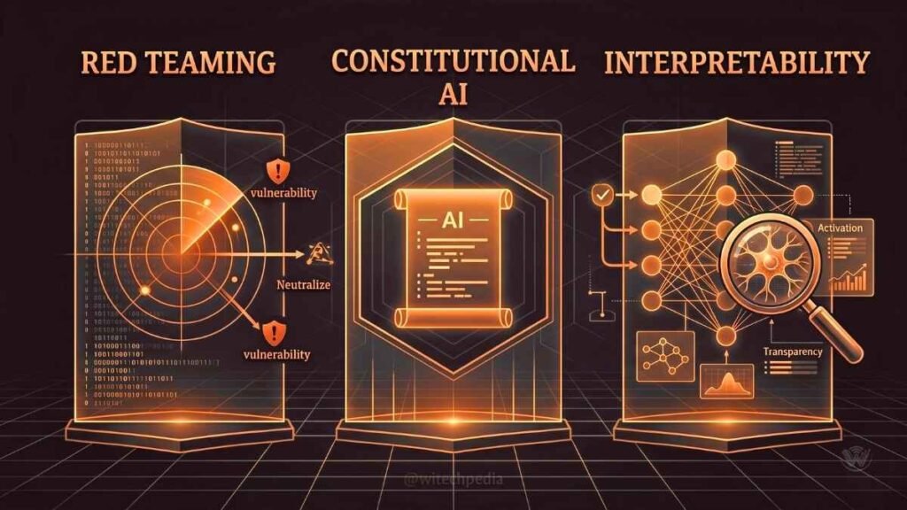 Visual breakdown of AI risk management strategies including red teaming, constitutional AI, and interpretability frameworks.