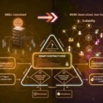 A comprehensive infographic illustrating blockchain technology, comparing centralized Web2 systems with decentralized Web3 networks and smart contract execution.