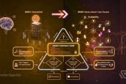 A comprehensive infographic illustrating blockchain technology, comparing centralized Web2 systems with decentralized Web3 networks and smart contract execution.